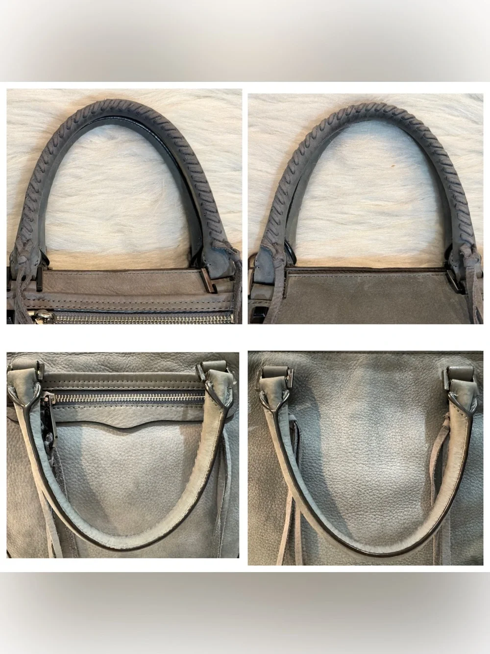 Rebecca Minkoff Regan Nubuck Leather Satchel Tote Crossbody Tassels Gray GUC